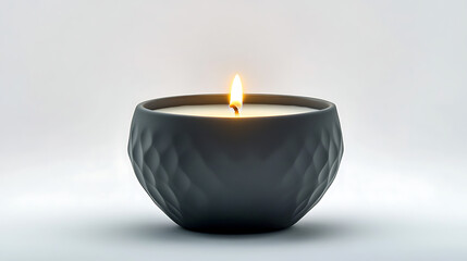 A close up of a lit candle in a dark gray textured bowl on a white surface
