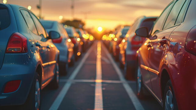 Cars parked in rows at sunset offer a serene view. Bokeh lights add to the tranquil setting.