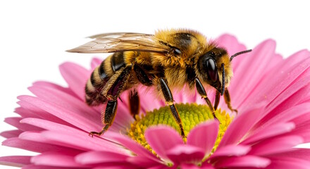  Pollination Process by Honeybee on a pink Daisy Flower in garden in spring, white background