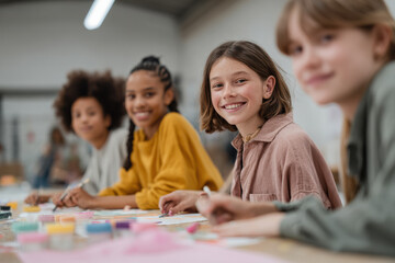 Fototapeta premium diverse group of enthusiastic volunteers engages with children in vibrant community center