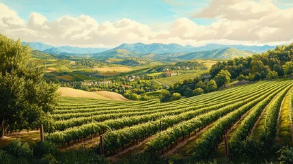 Fototapeta premium Lush vineyard rows stretch across a hillside landscape.