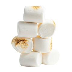 Stack of toasted marshmallows, some with browned spots, on a pile isolated on transparent background