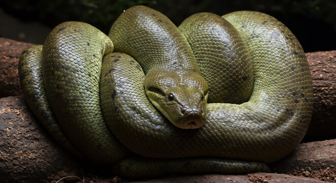 Green python coiled on wooden branch with detailed scales pattern in terrarium environment. Reptile exhibit for wildlife education and exotic pet care content - Powered by Adobe