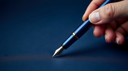 Close up minimalist photo of hand holding navy blue fountain pen with gold trim on dark blue background