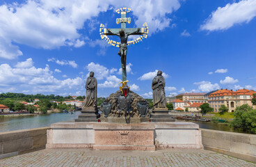 Fototapeta premium Czech, Charles Bridge on Vlatva connecting Prague Castle Lesser Quarter and Old Town.