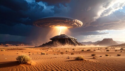 UFOs Hover Above Desert Landscape