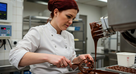 Woman pastry chef in white coat tempering chocolate in professional kitchen. Culinary arts and confectionery preparation. Restaurant and bakery cooking services