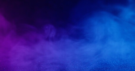 Acrylic fume. Paint texture. Defocused blue purple fluorescent smoke vapor swirling on creative abstract dark black neon background.