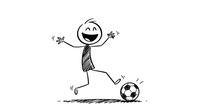 Joyful stick figure kicking soccer ball in sketch style