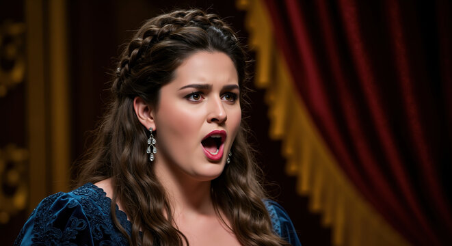 Woman with braided hair and pearl earrings singing in ornate theater with red curtains. Opera performance. Classical music and cultural entertainment events