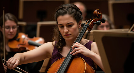 Woman with braided hair playing cello in orchestra concert hall with musicians. Classical music performance. Symphony concerts and cultural entertainment events