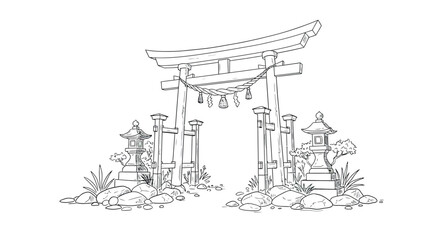Traditional japanese torii gate with stone lanterns in a zen garden scene