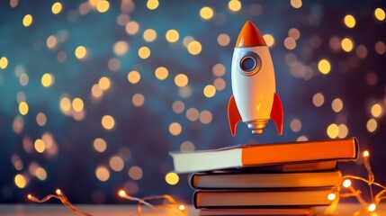 shelf with books with rocket
