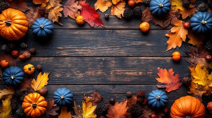 Orange and blue pumpkins scattered with autumn leaves and pinecones fall orange pumpkins