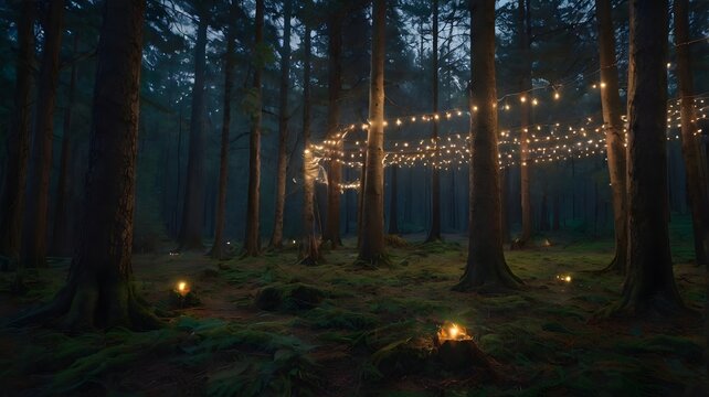Twinkling lights illuminate a serene forest during twilight with glowing lanterns and a magical atmosphere