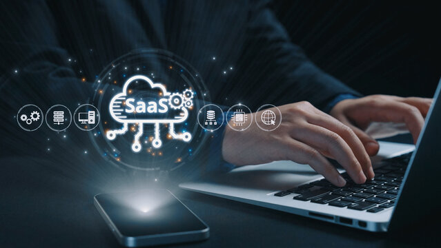 Visual representation of SaaS showing infrastructure, SaaS deployment, SaaS platform features, and SaaS integration model in digital environment. Elide
