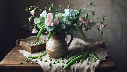 Rustic Sweet Pea Flowers and Fresh Green Peas Still Life