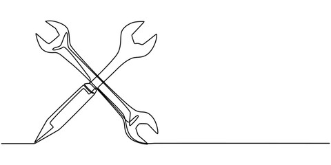 One mechanical wrench for nuts drawn in one continuous line drawing, Labor day wrench tools continuous one line drawing, One continuous line drawing of the master's hand holds a wrench