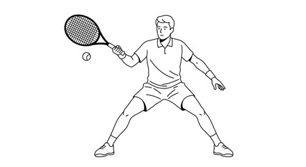 Line art tennis player in action with racket and ball