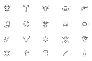 Wild West line icon set. Cowboy, western, and frontier outline symbols. Vector collection including sheriff star, gun, cactus, and hat