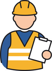 Cartoon Construction Worker Holding Clipboard Wearing Hard Hat and Vest.