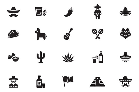 Mexico glyph icon set. Mexican culture, food, and fiesta solid symbols. Vector collection including sombrero, taco, tequila, and cactus