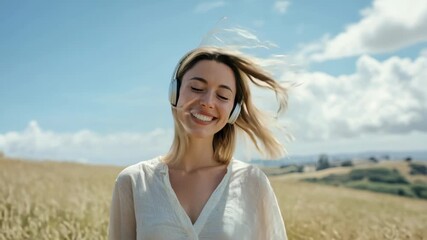 A joyful woman with headphones enjoys music in a sunny field. Captured from a low angle, the video conveys freedom and happiness. Live desktop wallpaper.