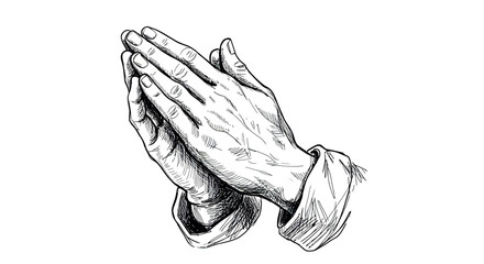 Sketch of hands in prayer gesture with detailed line art on white background