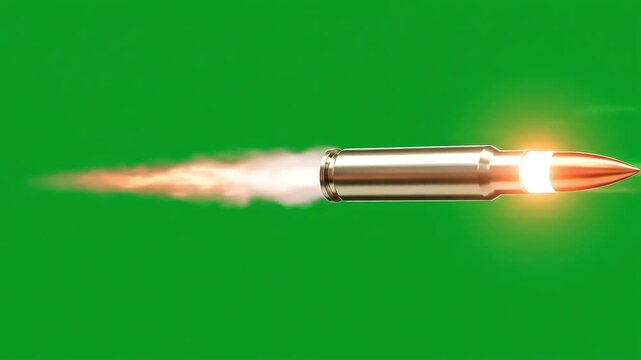 A bullet in flight glowing with fiery orange light and a trail of smoke against a green background