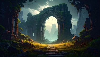 Lush overgrown ruins, ancient archway