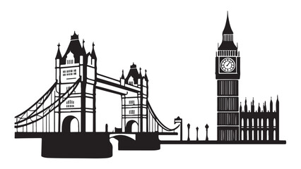 Obraz premium Black and White London Skyline Silhouette of Big Ben Clock Tower and Tower Bridge over Thames River on White Background