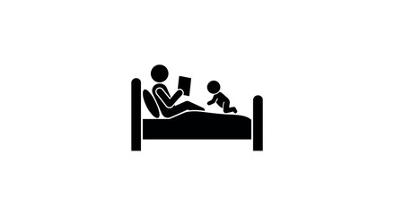 Parent reading on bed with child climbing icon