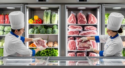 Professional Chefs Organizing Ingredients in Commercial Freezer &ndash; Restaurant Kitchen Scene

