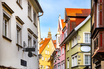 Historic facades in the old town of Lindau on Lake Constance on a sunny day in winter, Bodensee, Germany