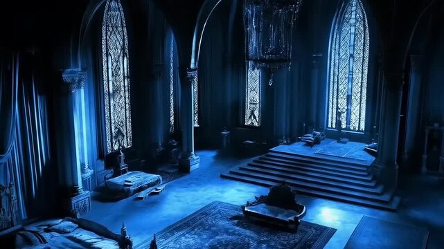 Enigmatic royal chamber with gothic architecture and an atmospheric blue hue