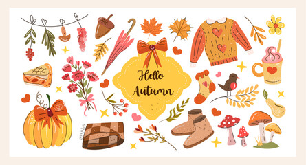 Hello Autumn hand drawn vector set with cozy fall clothes tea pumpkin pie leaves mushrooms and walking mood Perfect for seasonal prints stickers cards and autumn lifestyle design