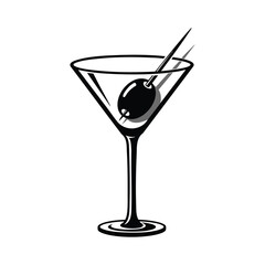 Olive Garnish on a Pick in Martini Cocktail Glass Vector Icon