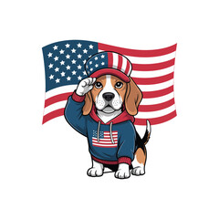 Beagle dog wearing American flag hoodie and hat saluting with U S flag background puppy canine