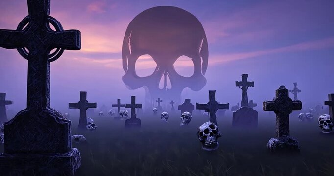 Graveyard skull dusk scene