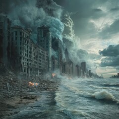 Post-apocalyptic coastal city ravaged by disaster, waves crash against ruined buildings.