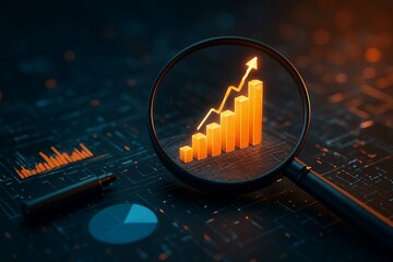 Close up of a magnifying glass revealing a glowing orange bar graph with an upward trend and arrow symbolizing financial growth and analysis on a dark background