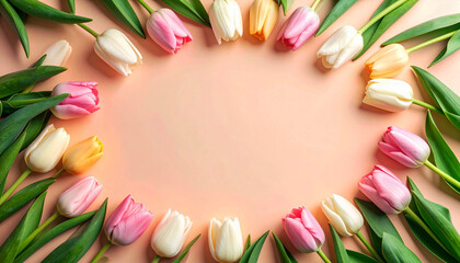 Decorative floral frame formed by tulip heads on pastel paper, center clean and minimalist