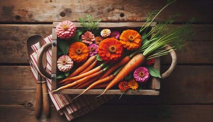 Rustic Fresh Carrots and Colorful Zinnias in Wooden Crate Still Life