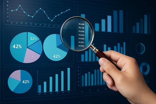 Close up of a hand holding a magnifying glass over a digital screen displaying various financial charts and graphs including pie charts and bar graphs for data analysis and business growth