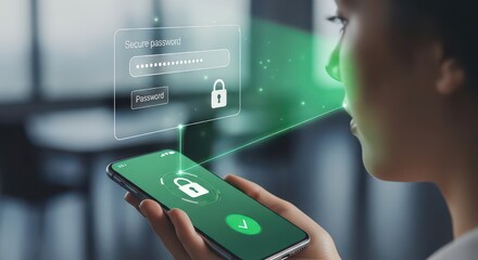 Woman Using Green Face Recognition on Mobile Phone for Security