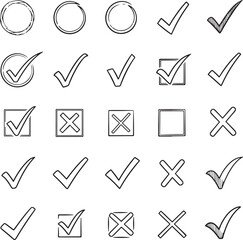 Hand drawn check mark and cross icon set