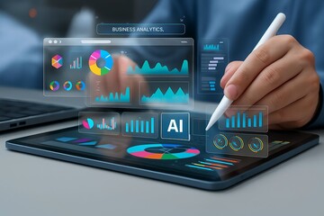 Close up of a person using a stylus on a tablet displaying futuristic holographic charts and graphs with ai technology and data analytics