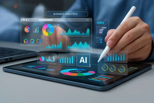 Close up of a person using a stylus on a tablet displaying futuristic holographic charts and graphs with ai technology and data analytics - Powered by Adobe