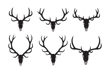 Vector set of six silhouette deer skull heads with different antler styles