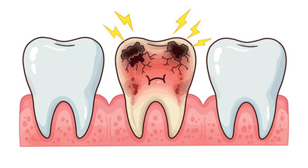 Cartoon diseased tooth with decay and pain surrounded by healthy teeth on pink gums